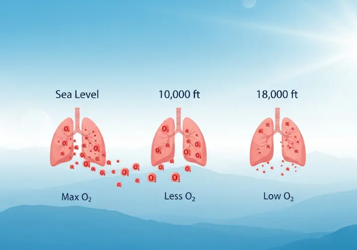 Infographic illustrating the hypoxic cascade at different altitudes, showing decreasing oxygen molecules entering the lungs at sea level, 10,000 feet, and 18,000 feet, explaining the physiological process of altitude sickness.
