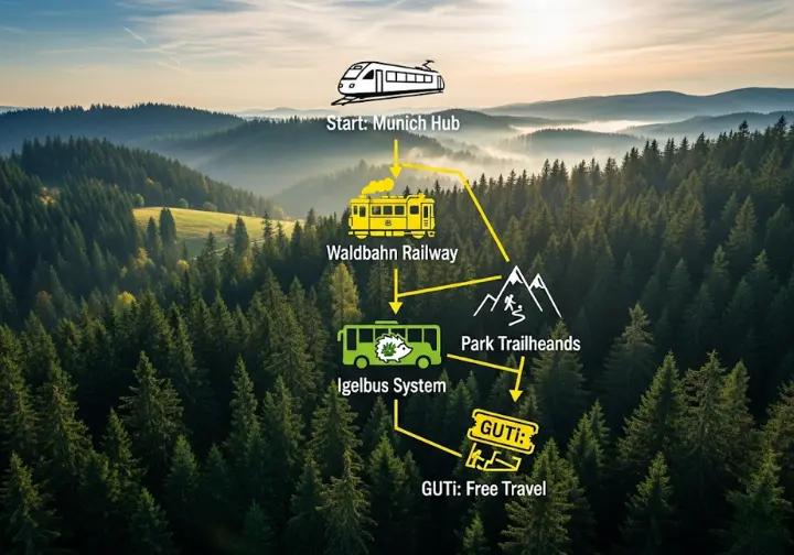 A vertical infographic illustrating the public transport journey to Germany's Bavarian Forest National Park, showing the route from Munich, via the Waldbahn train and Igelbus, to the hiking trailheads, and highlighting the free GUTi visitor pass.