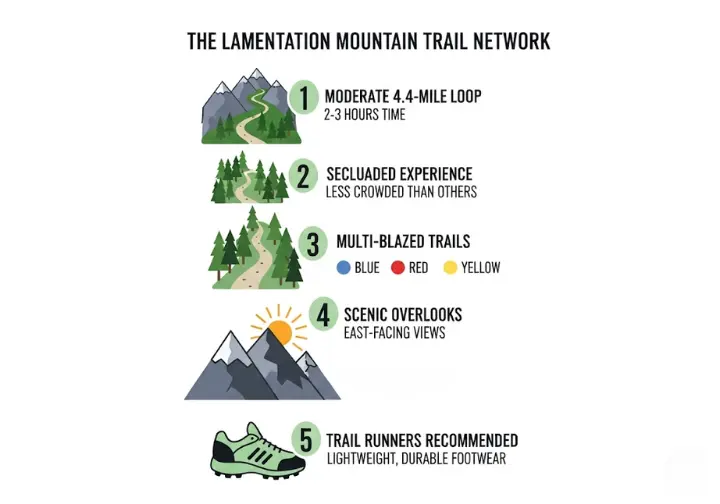 Infographic about the Lamentation Mountain trail network: a 4.4-mile, 2-3 hour hike with blue, red, and yellow blazes leading to a 720-foot summit, offering secluded views and a primitive tenting site.