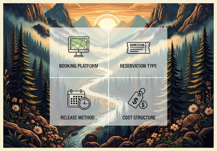 An infographic detailing the four core components of any park access framework: Booking Platform, Reservation Type, Release Method, and Cost Structure, shown with icons against a rich, atmospheric national park background.