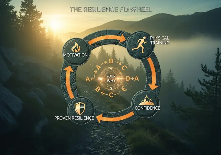 A circular diagram titled 'The Resilience Flywheel' shows a four-stage reinforcing loop: Physical Training, Confidence, Proven Resilience, and Motivation. In the center, a core element is labeled 'Your Why,' powering the cycle. The diagram is set against the rich, detailed background of a mountain trail.