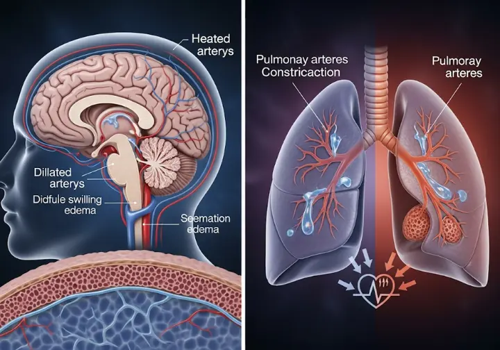 Side-by-side diagram illustrating the differing physiological responses of the brain and lungs to hypoxia, specifically cerebral vasodilation leading to HACE and hypoxic pulmonary vasoconstriction leading to HAPE.