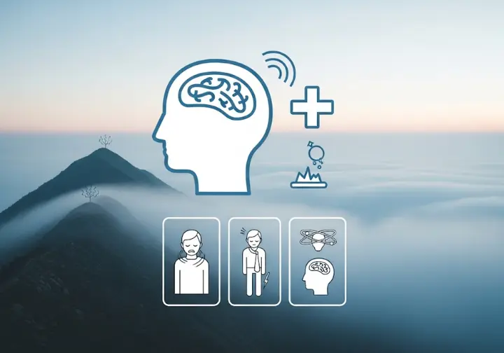 Infographic illustrating key symptoms of Acute Mountain Sickness (AMS), showing headache as primary, combined with nausea, fatigue, or dizziness.