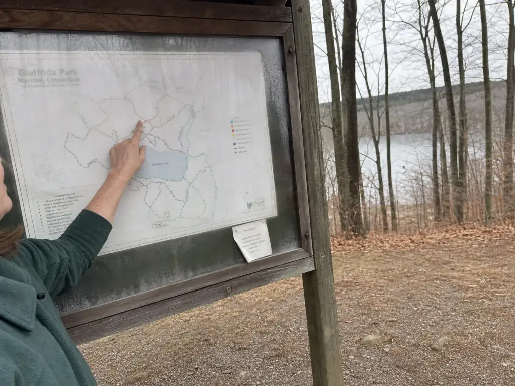 Trail map kiosk at the Giuffrida Park trailhead in Meriden, Connecticut