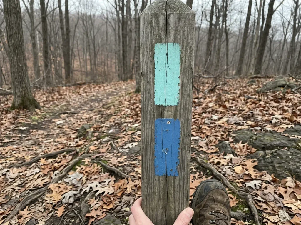 Aqua and blue trail markers on a post where a connector meets the Long Path in Palisades Interstate Park
