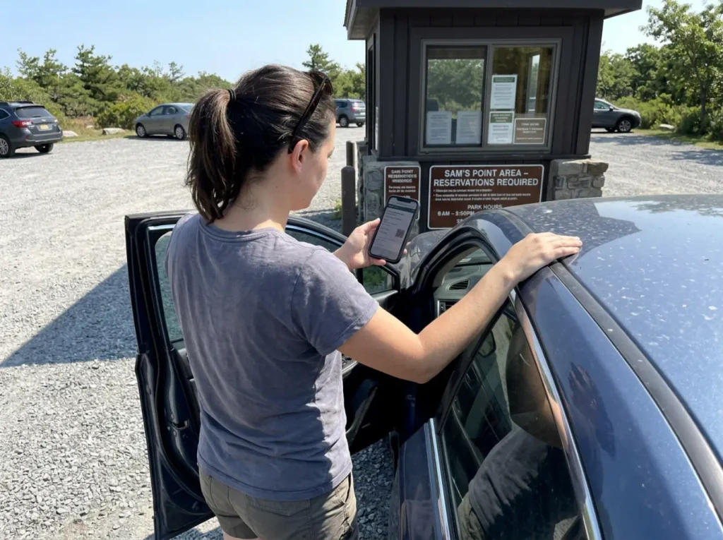 Hiker checking a phone reservation at the Sam's Point Area parking gate before the Ice Caves Trail