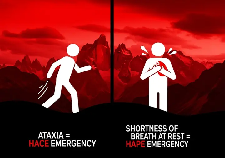 Infographic showing red flag emergency signs for High-Altitude Cerebral Edema (HACE) with ataxia (stumbling) and High-Altitude Pulmonary Edema (HAPE) with shortness of breath at rest.
