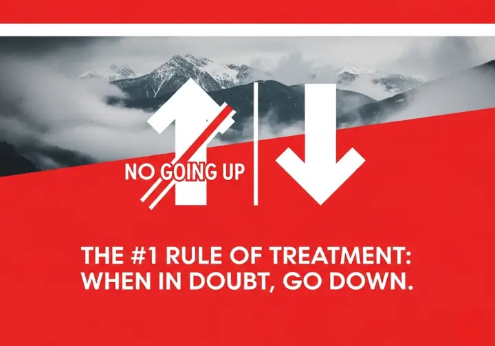 A striking red and white graphic emphasizing that the most critical action for treating severe altitude sickness is immediate descent, featuring mountain peaks in the background.