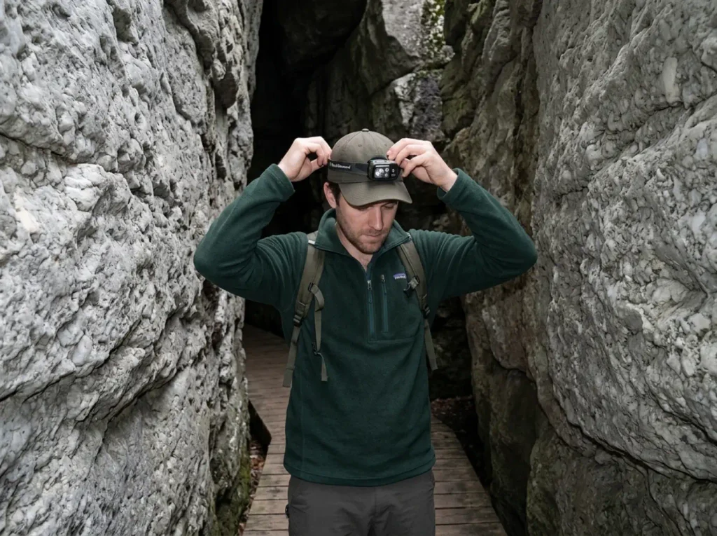 Hiker holding a Black Diamond Spot 400 headlamp inside a dark crevice on the Sam's Point Ice Cave loop