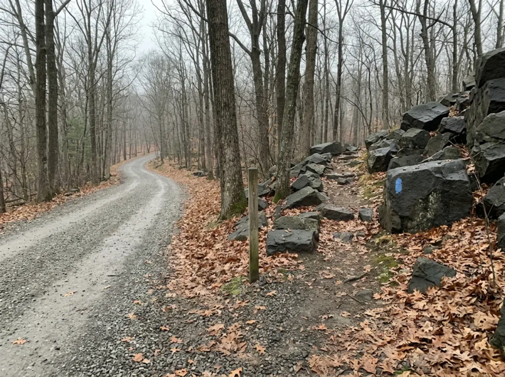 Trail junction sign at Sleeping Giant State Park in Connecticut where the gravel road and blue scramble split.