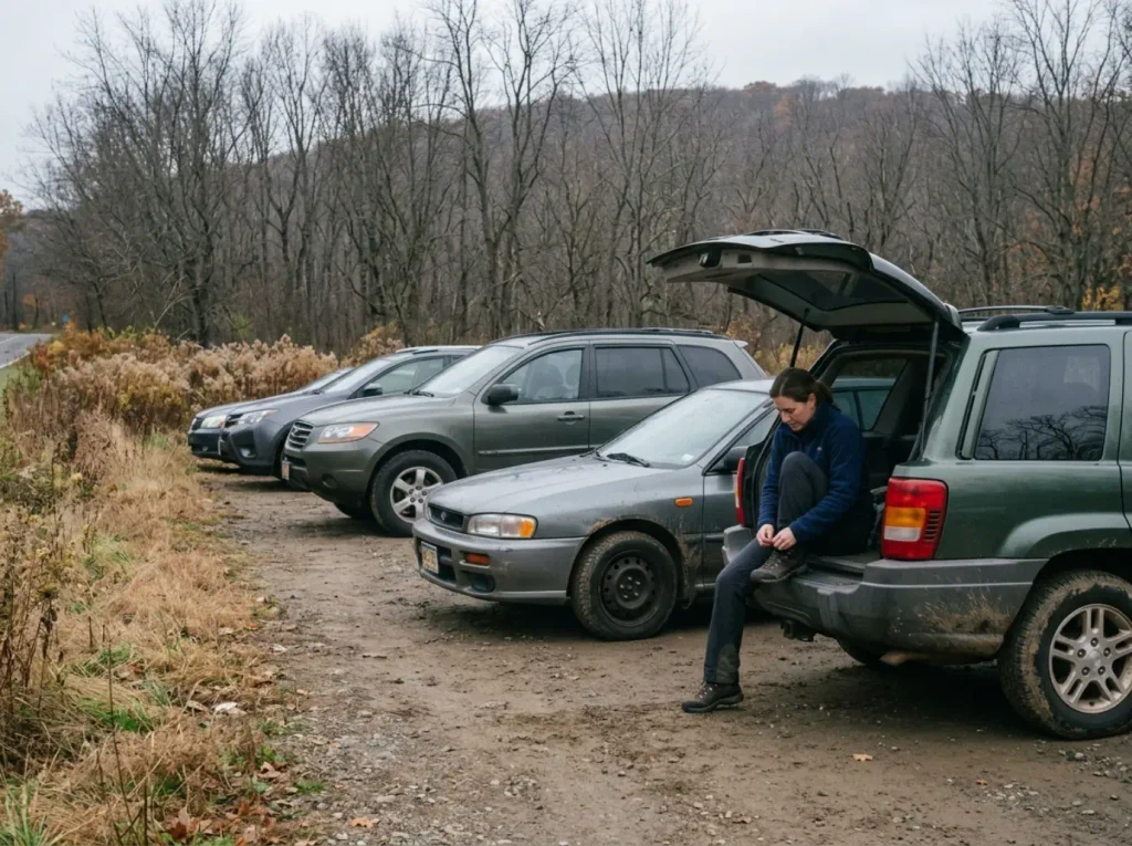 The small Route 94 dirt trailhead lot for the Stairway to Heaven hike in New Jersey