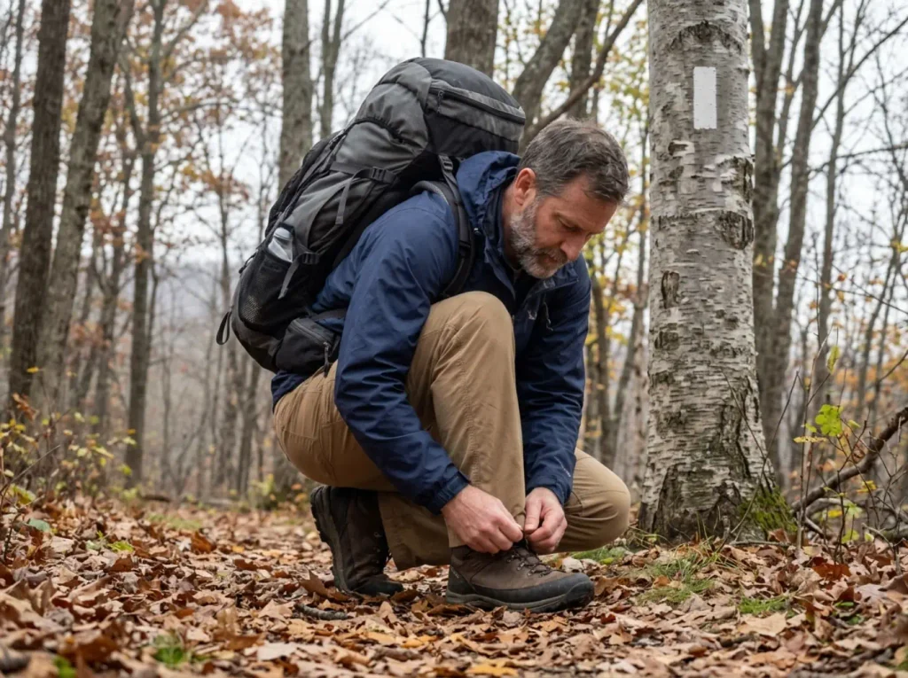 Hiker on the Appalachian Trail in Connecticut's northwest corner near Salisbury on a grey autumn day.