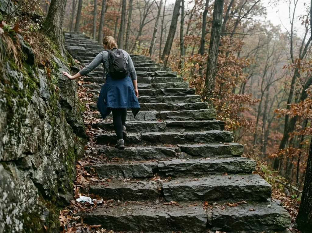 Steep stone steps on a connector trail climbing the cliff face in Palisades Interstate Park