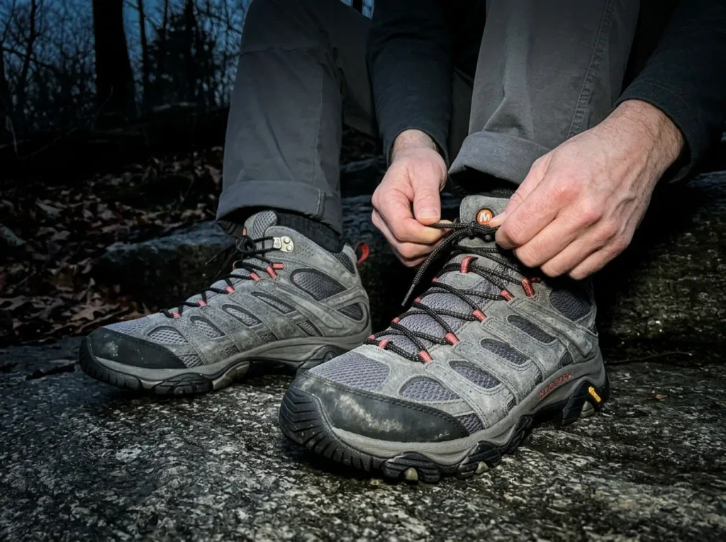 Merrell Moab 3 Mid GTX boots on the wet rock slabs of the Stairway to Heaven descent
