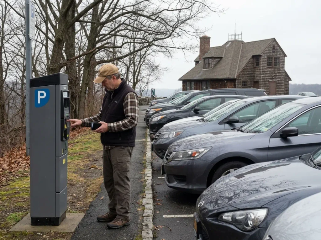 Hiker paying at the parking meter in the State Line Lookout lot in Palisades Interstate Park