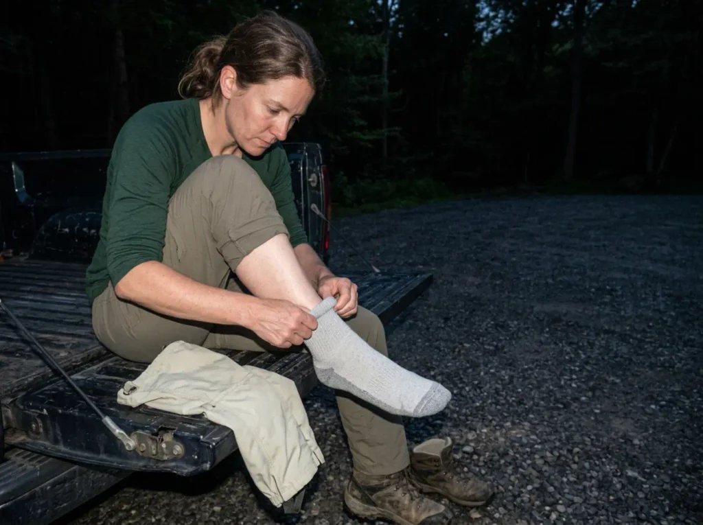 Hiker checking her socks and gaiters at the tailgate after a Connecticut hike during tick season.