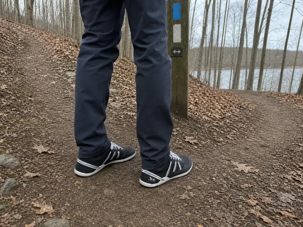 Hiker deciding at the blue and white blaze trail junction in Giuffrida Park, Connecticut