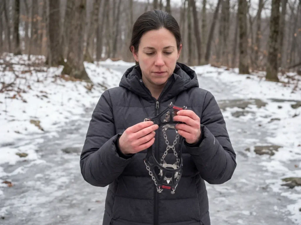 Kahtoola MICROspikes held in hand before the icy winter climb on the Stairway to Heaven trail