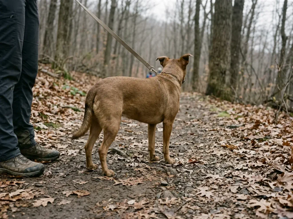 Leashed dog waiting on the trail beside a hiker's boots in Palisades Interstate Park