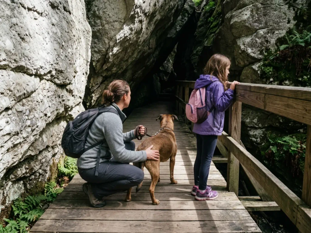 A family with a leashed dog on the boardwalk of the Sam's Point Ice Cave trail in New York