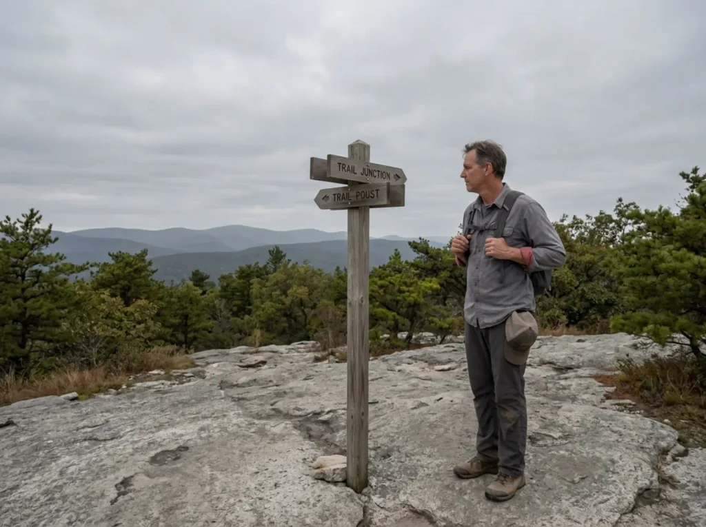 Hiker on the Shawangunk ridge above the Sam's Point Ice Cave deciding whether to extend the hike