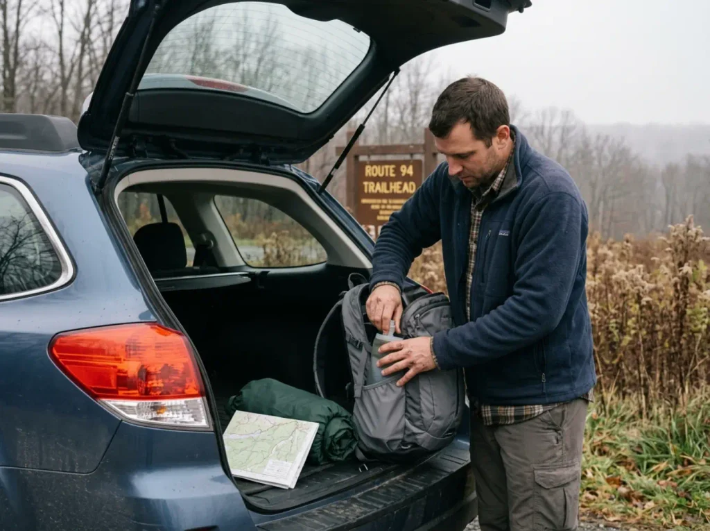 A day hiker sorting a pack at the Stairway to Heaven trailhead in Vernon New Jersey