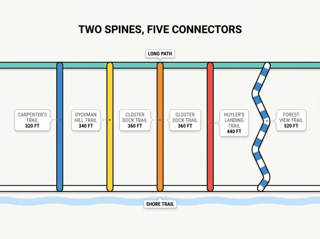 Annotated map of Palisades Interstate Park showing the Long Path, Shore Trail, and five connector trails with elevation gain