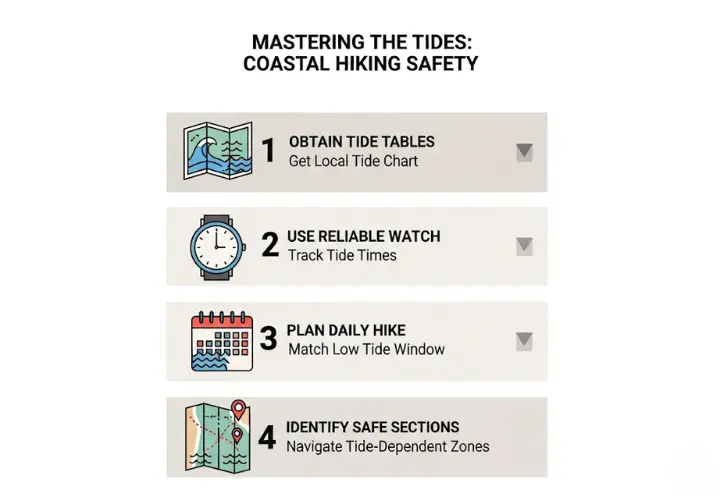 Infographic explaining how to master tides for coastal hiking, emphasizing obtaining tide tables, using a reliable watch, and meticulously planning your hike around low tide windows.