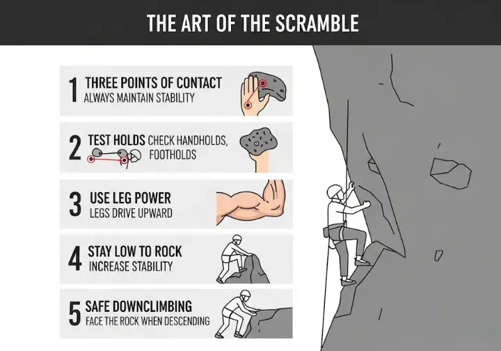 Infographic illustrating essential scrambling techniques for hikers, including maintaining three points of contact, testing holds, using leg power, staying low, and safe downclimbing.