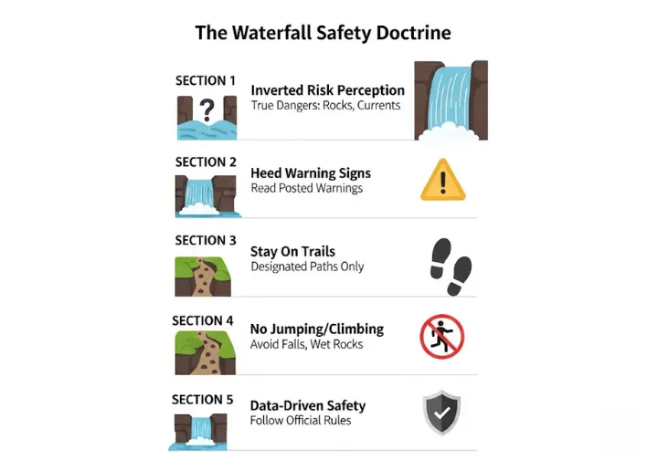 Infographic detailing the waterfall safety doctrine, highlighting the top 5 risks like slippery rocks and strong currents, and how to avoid them by following rules and warning signs.