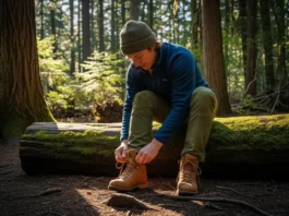 A hiker wearing full hiking gear sits on a fallen log at a trailhead, carefully lacing up a new pair of hiking boots.