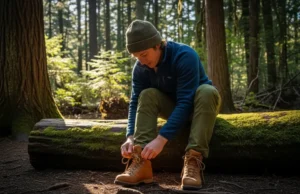 Break In Hiking Boots: Step-by-Step Zero-Blister Guide A hiker wearing full hiking gear sits on a fallen log at a trailhead, carefully lacing up a new pair of hiking boots.