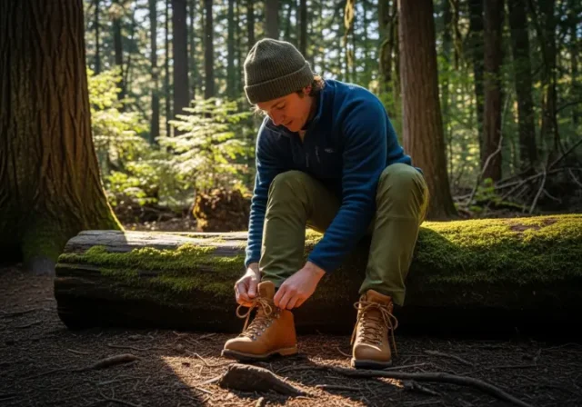 A hiker wearing full hiking gear sits on a fallen log at a trailhead, carefully lacing up a new pair of hiking boots.