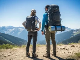 Full-body shot of two hikers on a mountain trail; one carries a small daypack and the other a large backpacking pack.