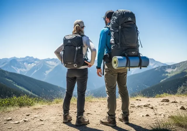 Full-body shot of two hikers on a mountain trail; one carries a small daypack and the other a large backpacking pack.