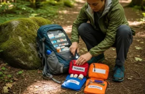 DIY Hiker’s Emergency Kit: Expert Checklist & Packing Blueprint A hiker in full hiking gear kneels on a forest trail, organizing the color-coded pouches of a DIY emergency kit before a hike.