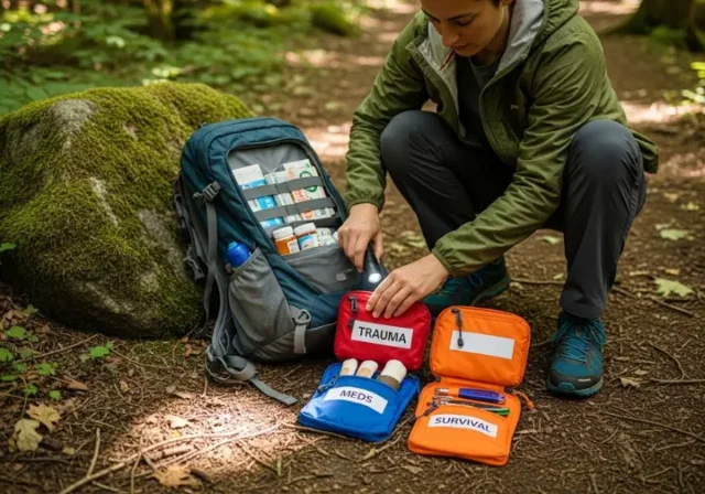 A hiker in full hiking gear kneels on a forest trail, organizing the color-coded pouches of a DIY emergency kit before a hike.