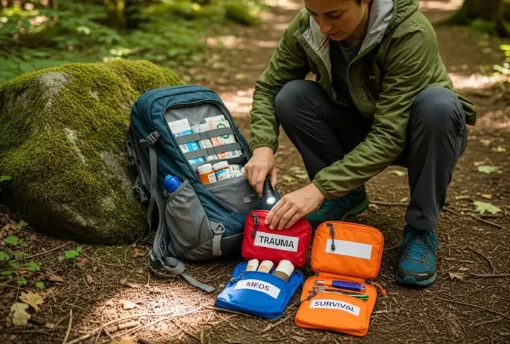 A hiker in full hiking gear kneels on a forest trail, organizing the color-coded pouches of a DIY emergency kit before a hike.