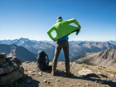 The Science of Layering: Dress for Any Hike A full-body shot of a hiker on a rocky mountain summit, putting on a fleece mid-layer over their base layer to combat the wind.