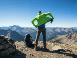 A full-body shot of a hiker on a rocky mountain summit, putting on a fleece mid-layer over their base layer to combat the wind.