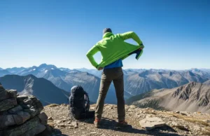 The Science of Layering: Dress for Any Hike A full-body shot of a hiker on a rocky mountain summit, putting on a fleece mid-layer over their base layer to combat the wind.