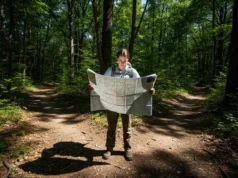 Topographic Map Guide for Hikers: Illustrated Steps A full-body shot of a hiker standing at a fork in a forest trail, studying a topographic map to navigate.
