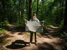 A full-body shot of a hiker standing at a fork in a forest trail, studying a topographic map to navigate.