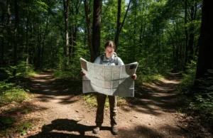 Topographic Map Guide for Hikers: Illustrated Steps A full-body shot of a hiker standing at a fork in a forest trail, studying a topographic map to navigate.