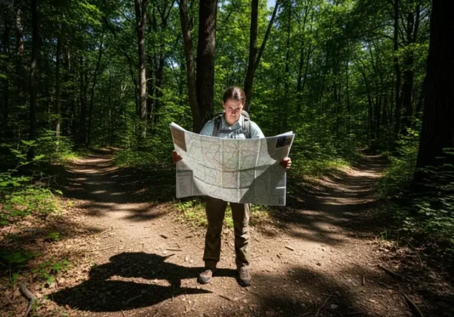 A full-body shot of a hiker standing at a fork in a forest trail, studying a topographic map to navigate.