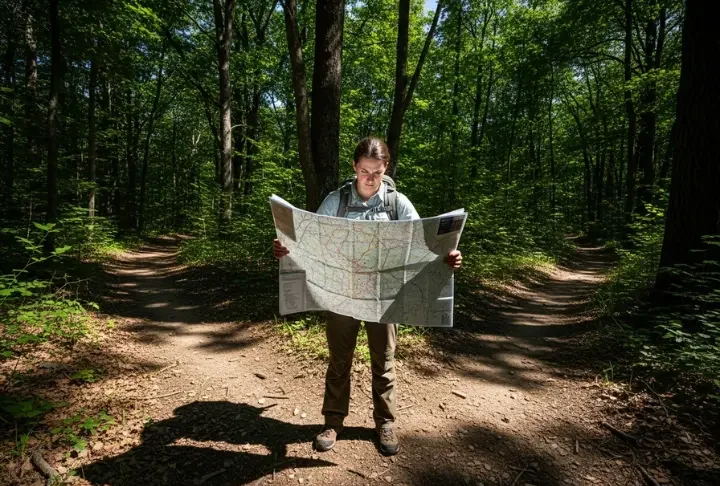 A full-body shot of a hiker standing at a fork in a forest trail, studying a topographic map to navigate.