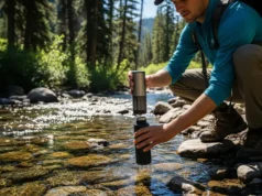 Water Filter vs. Purifier: Expert Trail Gear Guide A full-body shot of a hiker in practical hiking gear kneeling by a clear mountain stream, holding a water purifier and a bottle.