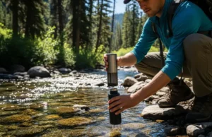 Water Filter vs. Purifier: Expert Trail Gear Guide A full-body shot of a hiker in practical hiking gear kneeling by a clear mountain stream, holding a water purifier and a bottle.