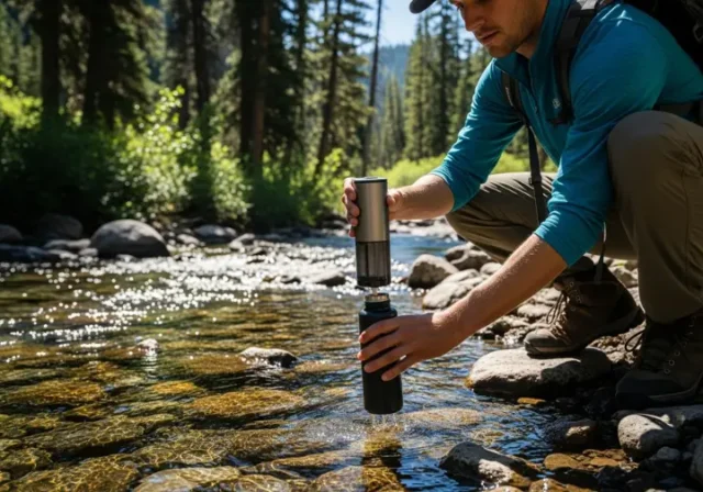 A full-body shot of a hiker in practical hiking gear kneeling by a clear mountain stream, holding a water purifier and a bottle.