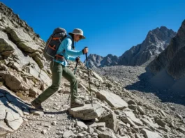 A full-body shot of a hiker wearing a backpack and using trekking poles to descend a steep, sunny mountain trail.